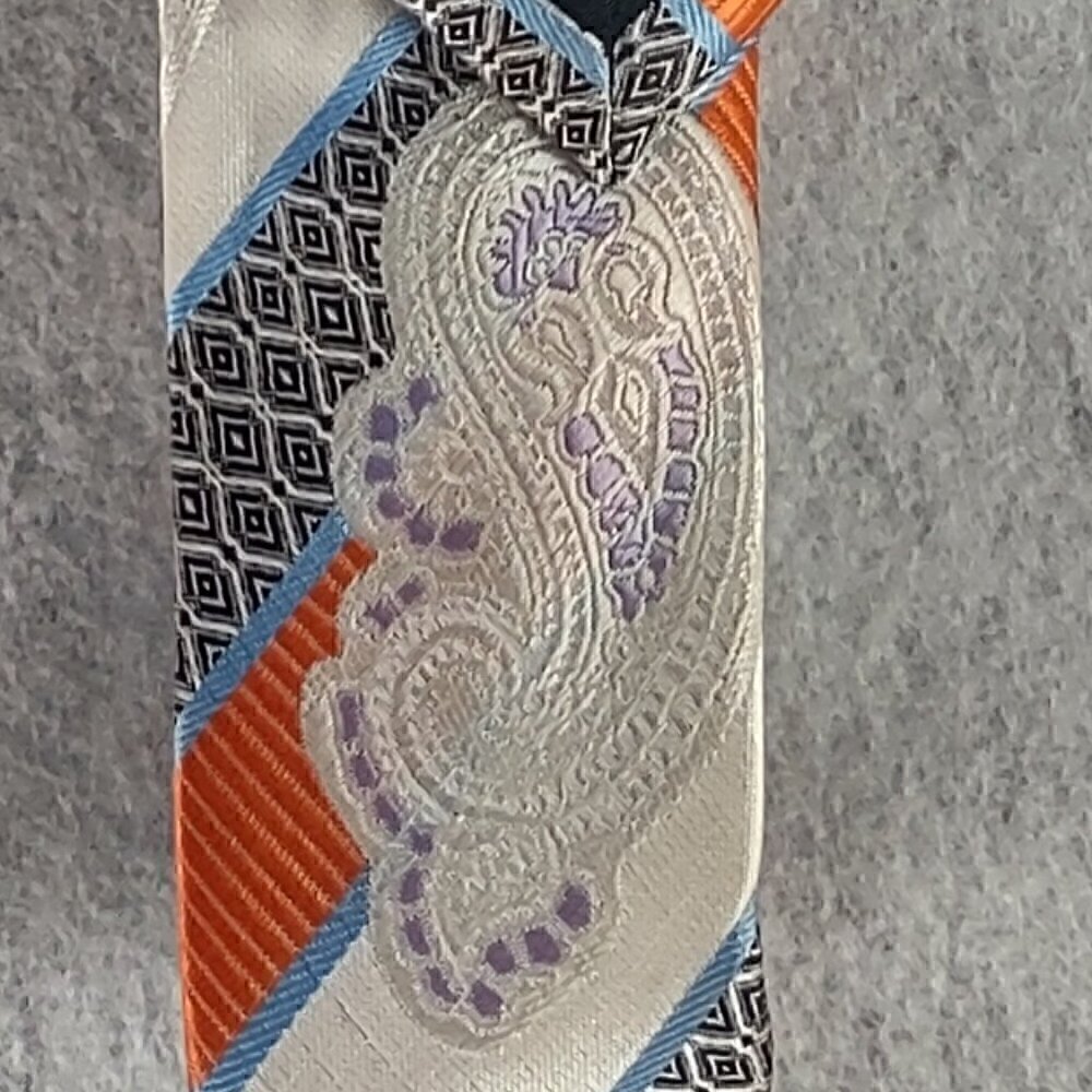 Karl Knox Men's White, Black, Orange, Purple Paisley 100% Microfiber Necktie - Picture 4 of 8